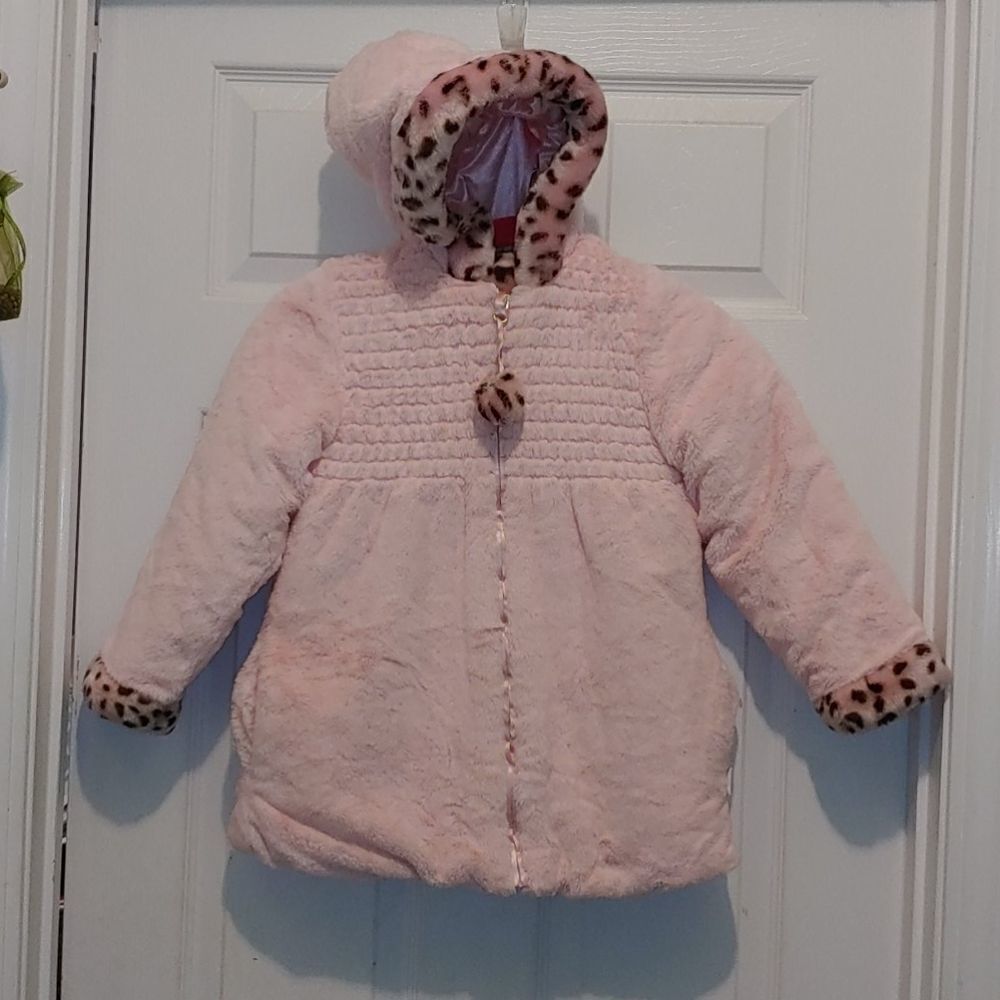 Bon Be'be' pink faux fur coat with hood Sz 6X